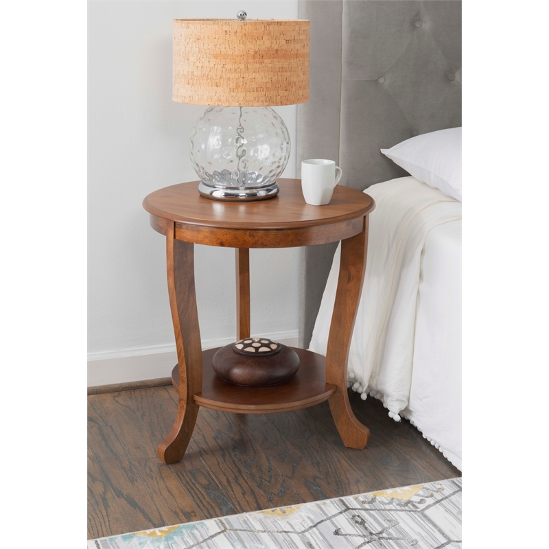 Pemberly Row Round Transitional Wood Side Table with Shelf in Hazelnut Brown
