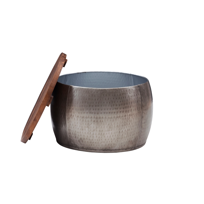 Pemberly Row Modern Small Wood and Metal Drum Table with Storage in Pewter