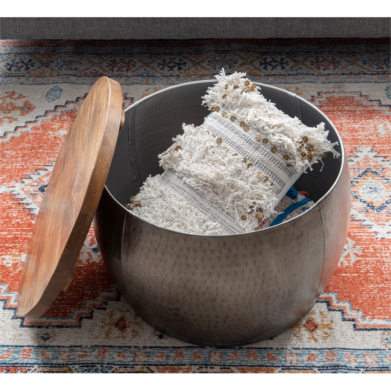 Pemberly Row Modern Small Wood and Metal Drum Table with Storage in Pewter