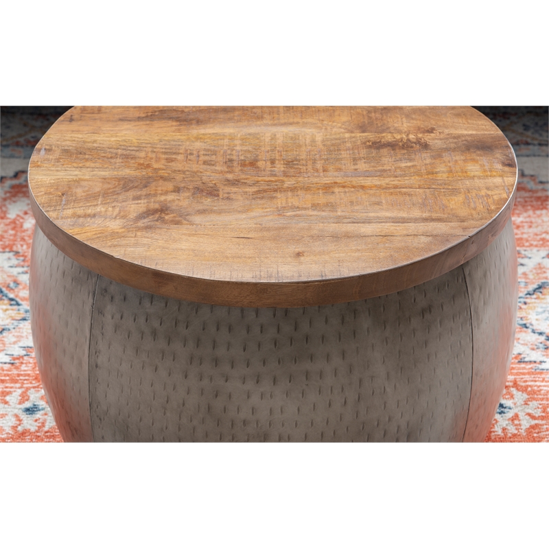 Pemberly Row Modern Small Wood and Metal Drum Table with Storage in Pewter