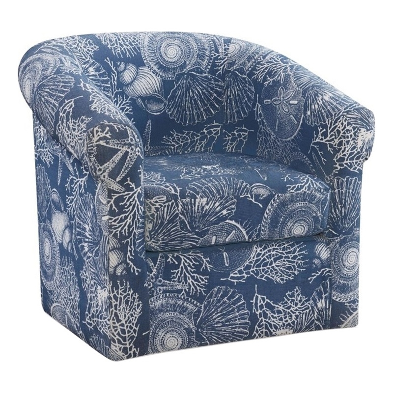 Pemberly Row Swivel Coastal Fabric Club Chair in Blue Seashell Pattern