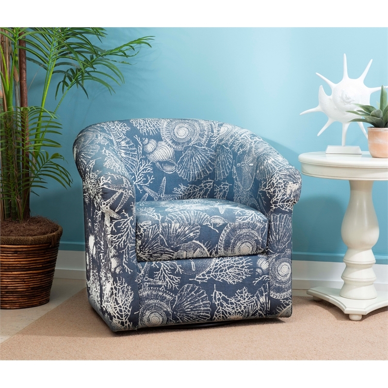 Pemberly Row Swivel Coastal Fabric Club Chair in Blue Seashell Pattern