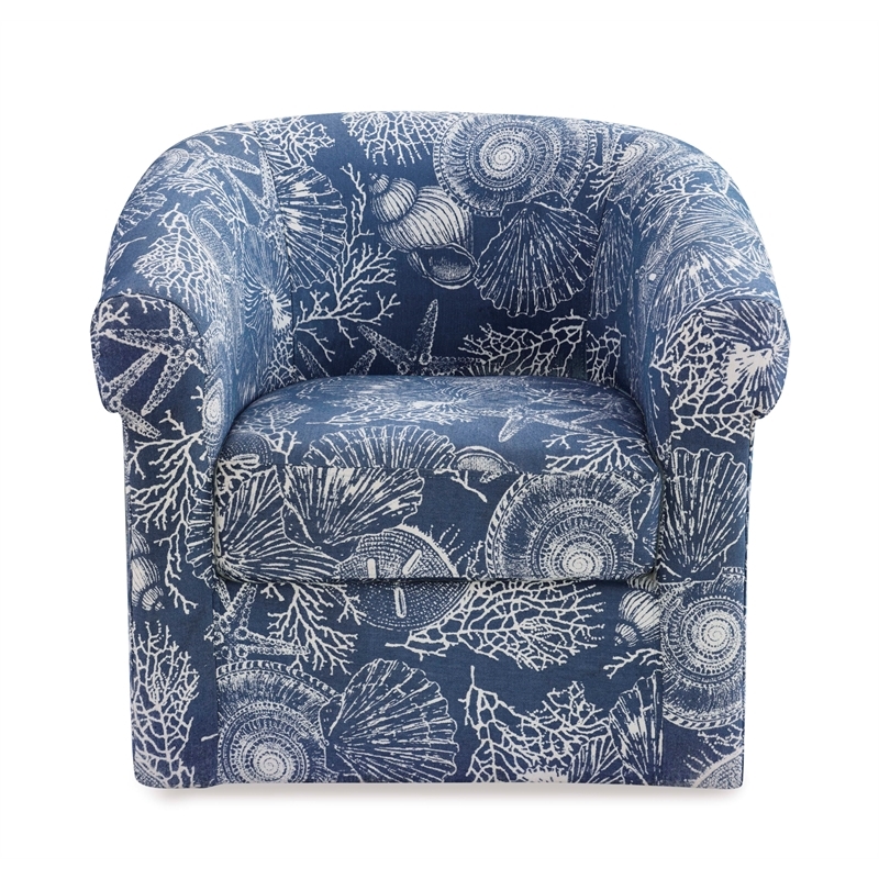 Pemberly Row Swivel Coastal Fabric Club Chair in Blue Seashell Pattern