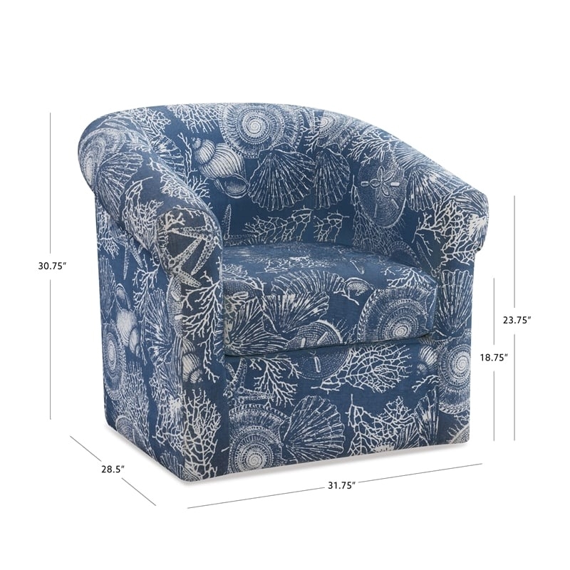 Pemberly Row Swivel Coastal Fabric Club Chair in Blue Seashell Pattern