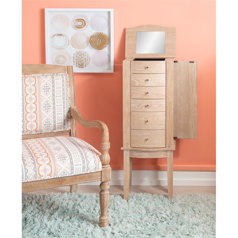 Pemberly Row Transitional Wood Jewelry Armoire in Natural White Washed Brown