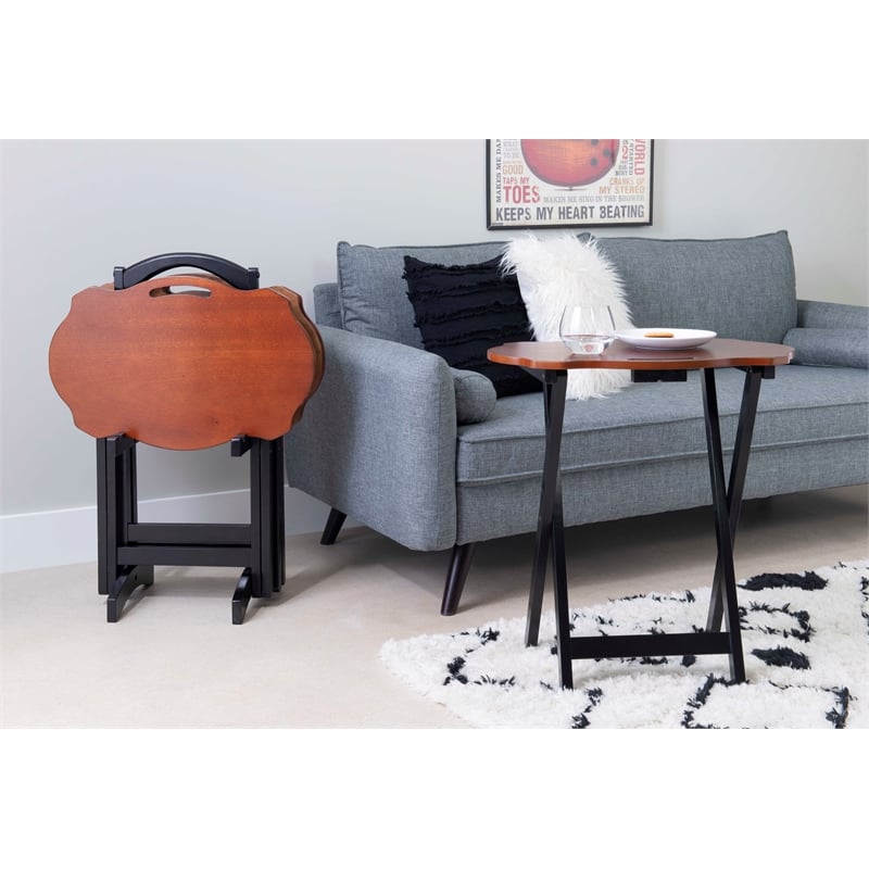 Pemberly Row Traditional Five Piece Wood Tray Table Set in Hazelnut and Black