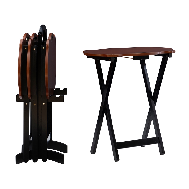 Pemberly Row Traditional Five Piece Wood Tray Table Set in Hazelnut and Black