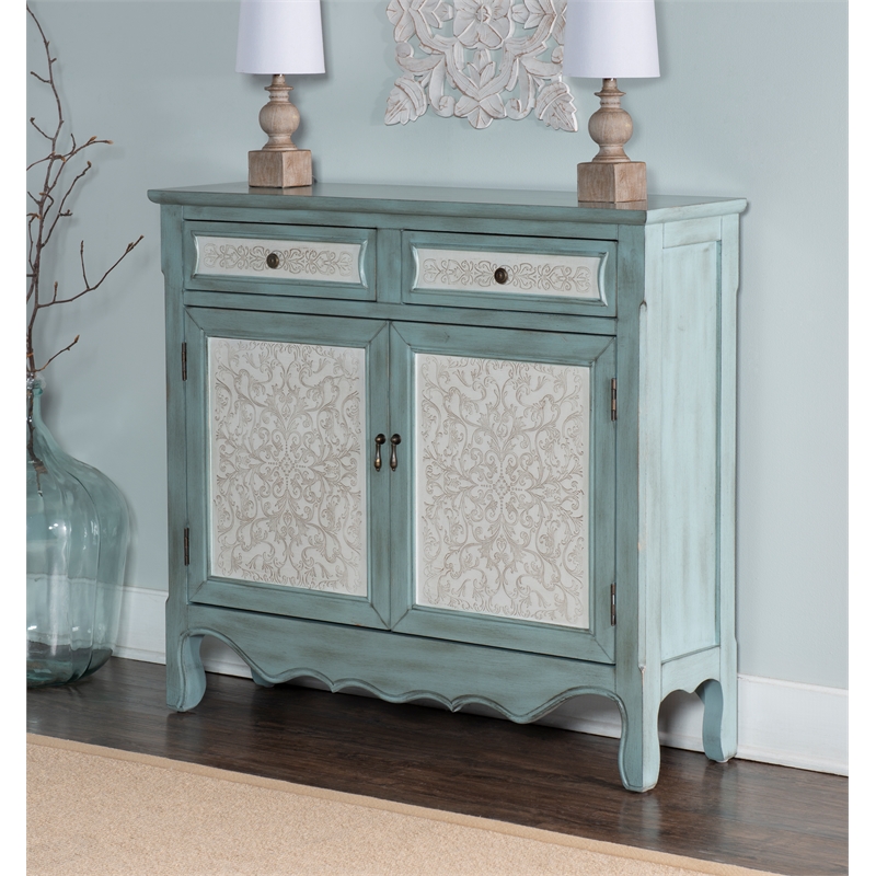 Pemberly Row Traditional Wood Storage Cabinet Console in Antiqued Blue and White