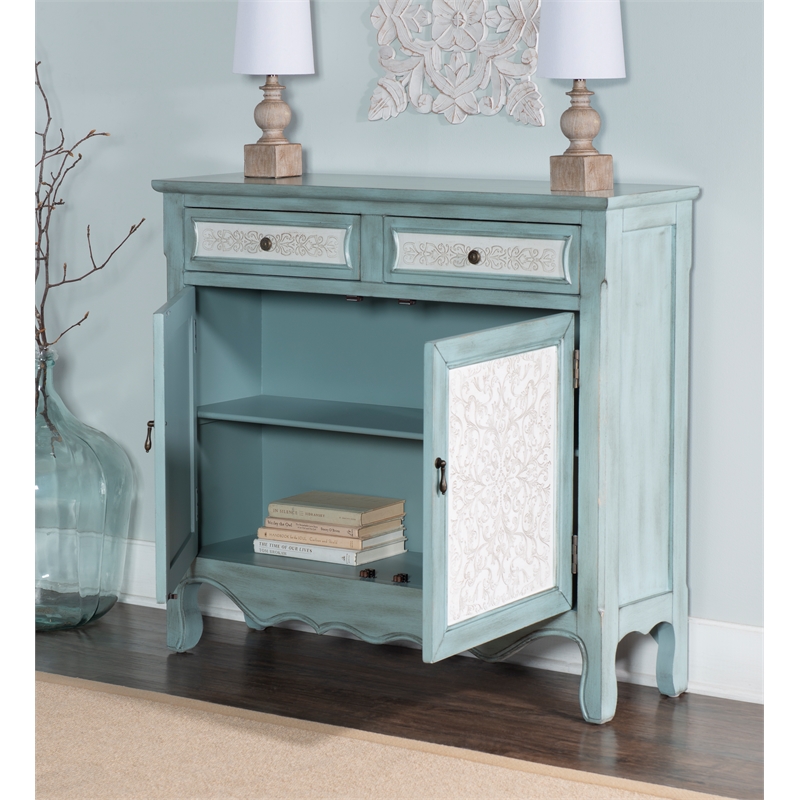 Pemberly Row Traditional Wood Storage Cabinet Console in Antiqued Blue and White
