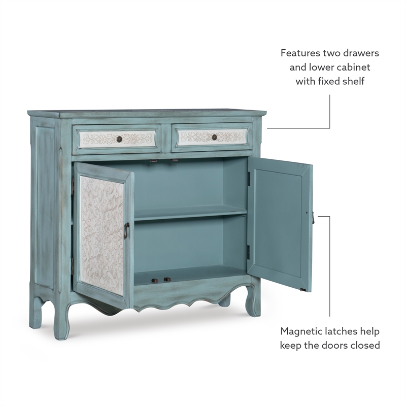 Pemberly Row Traditional Wood Storage Cabinet Console in Antiqued Blue and White