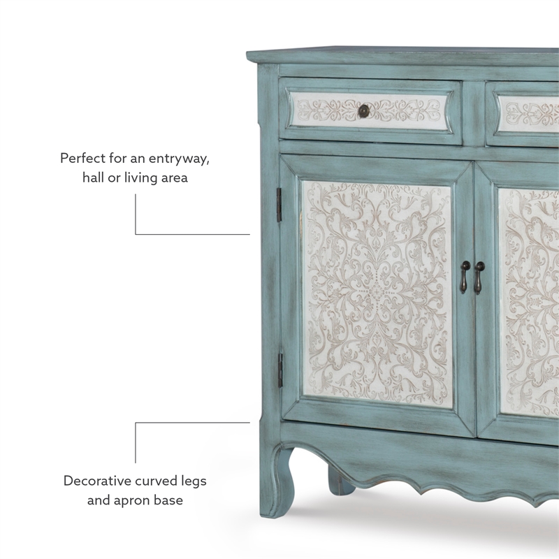 Pemberly Row Traditional Wood Storage Cabinet Console in Antiqued Blue and White