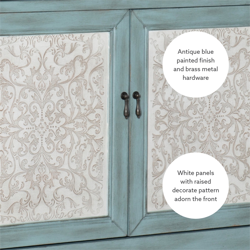 Pemberly Row Traditional Wood Storage Cabinet Console in Antiqued Blue and White