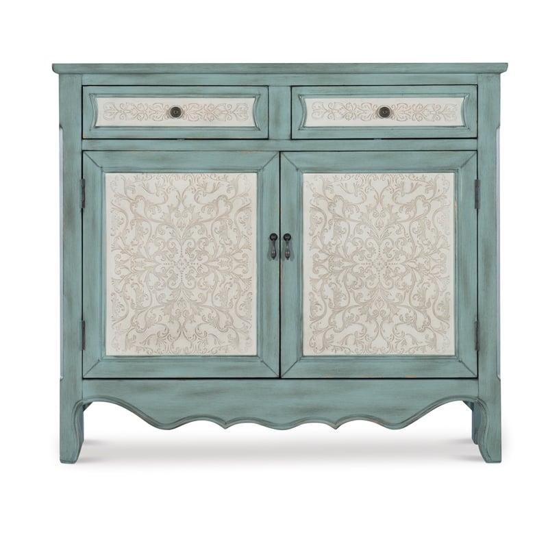 Pemberly Row Traditional Wood Storage Cabinet Console in Antiqued Blue and White
