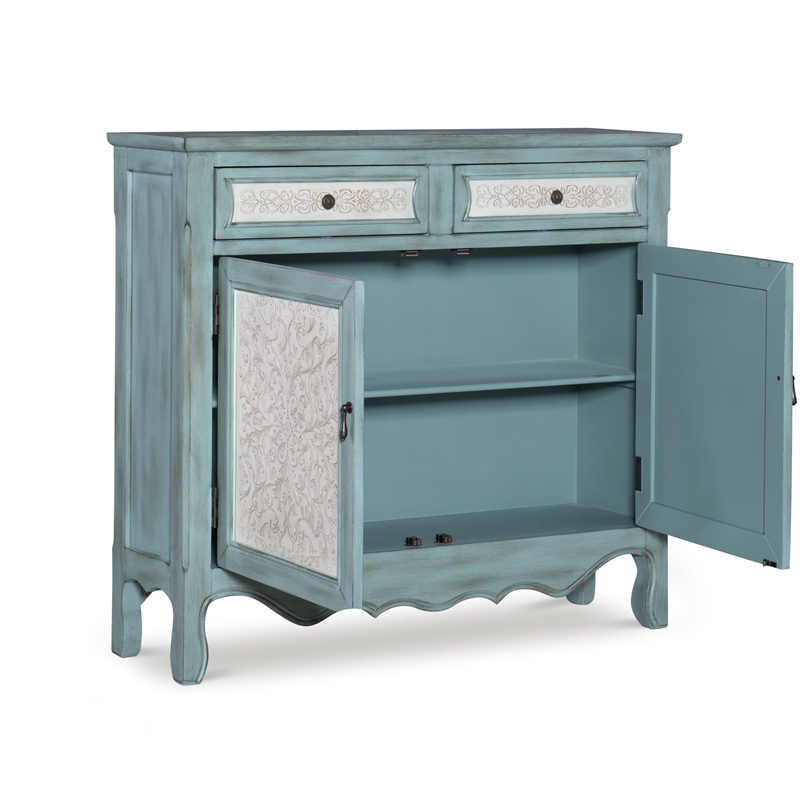 Pemberly Row Traditional Wood Storage Cabinet Console in Antiqued Blue and White