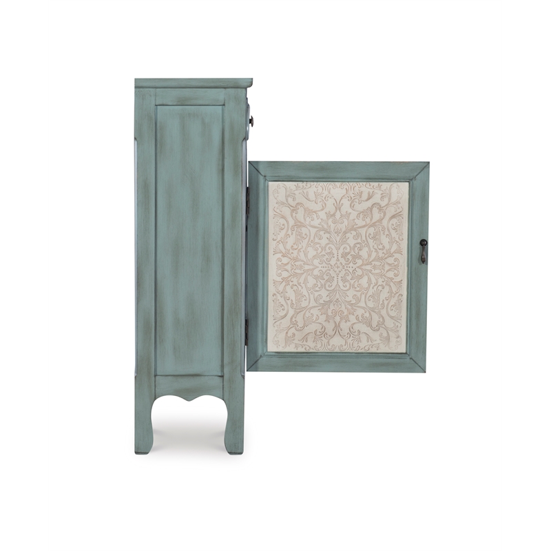 Pemberly Row Traditional Wood Storage Cabinet Console in Antiqued Blue and White