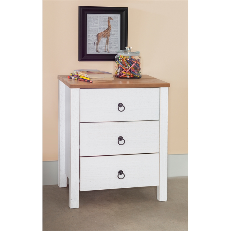 Pemberly Row Transitional Distressed Solid Pine Wood Three Drawer Chest in White