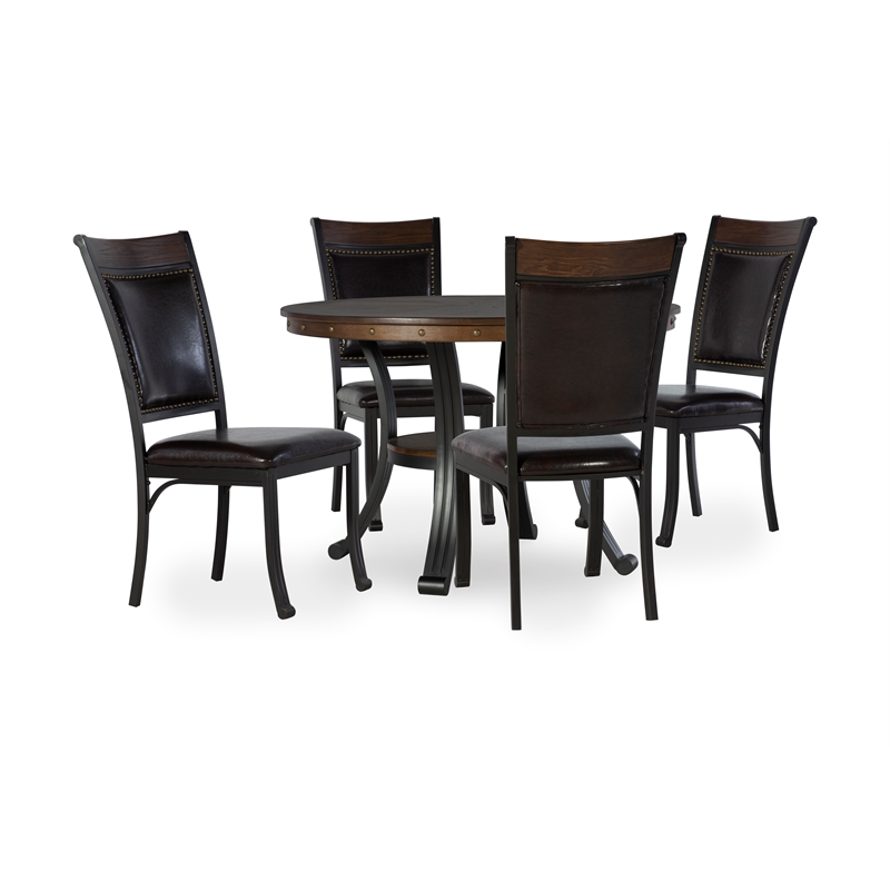 Pemberly Row Farmhouse Five Piece Wood and Metal Dining Set in Rustic Brown