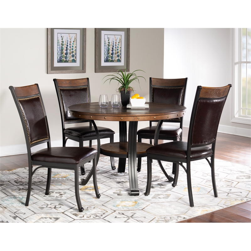 Pemberly Row Farmhouse Five Piece Wood and Metal Dining Set in Rustic Brown