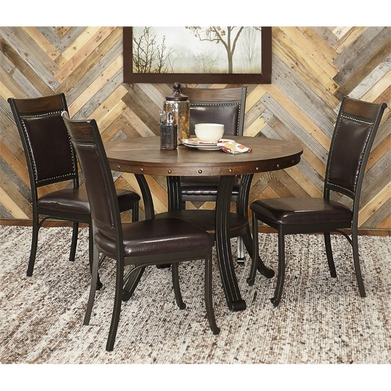 Pemberly Row Farmhouse Five Piece Wood and Metal Dining Set in Rustic Brown