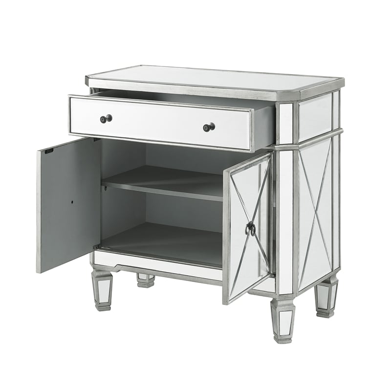Pemberly Row Modern Mirrored Solid Wood One Drawer Console Table in Gray