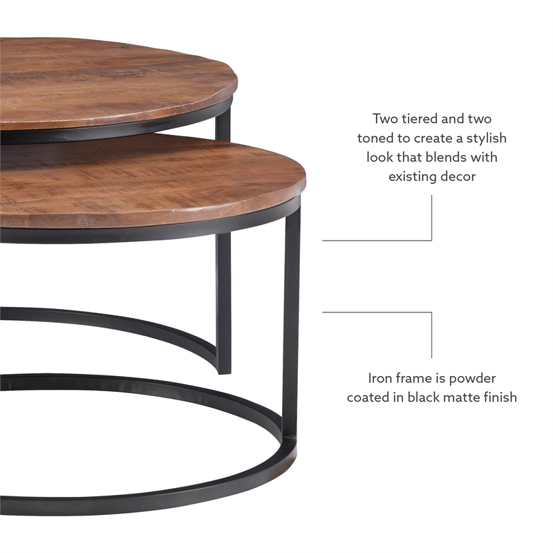 Pemberly Row Modern Mango Wood and Metal Nesting Coffee Tables in Black/Brown