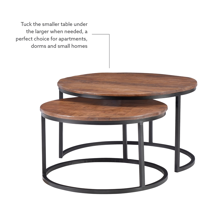 Pemberly Row Modern Mango Wood and Metal Nesting Coffee Tables in Black/Brown