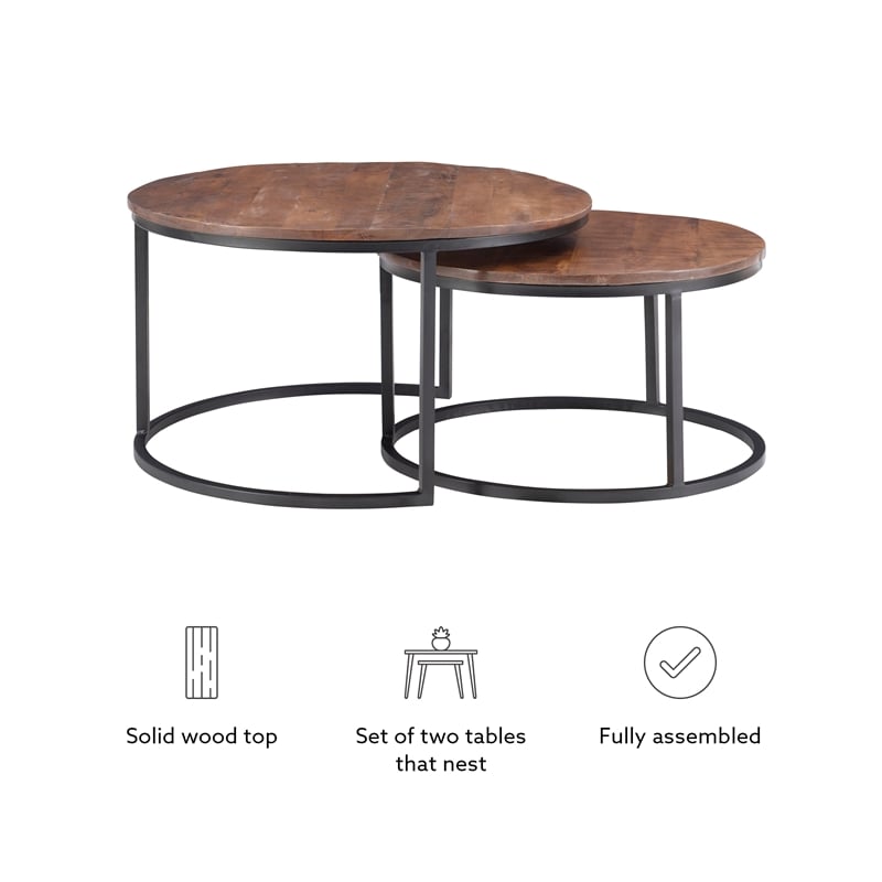 Pemberly Row Modern Mango Wood and Metal Nesting Coffee Tables in Black/Brown
