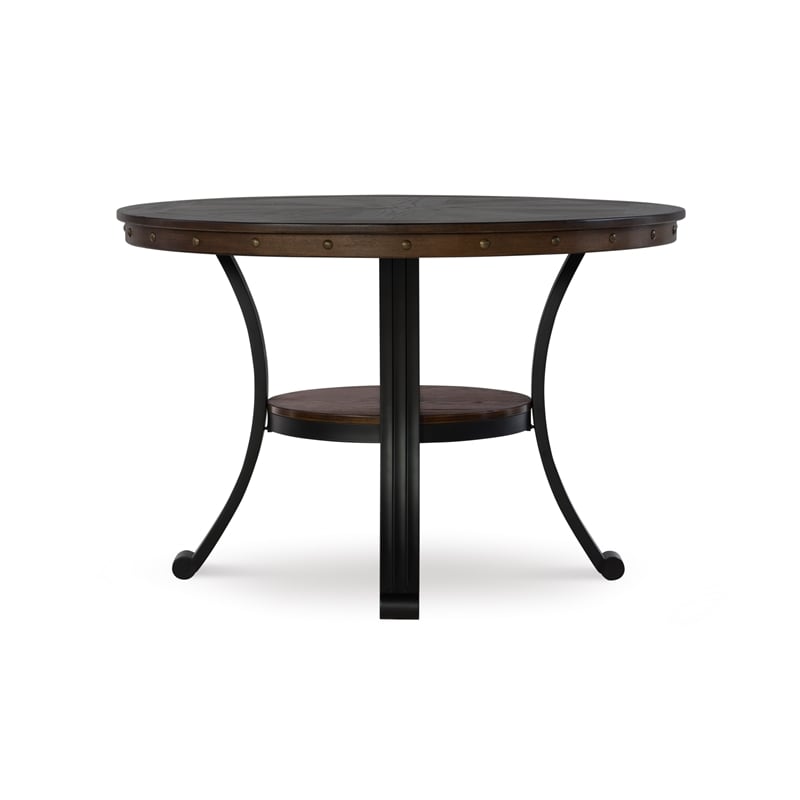 Pemberly Row Transitional Wood and Metal Round Dining Table in Rustic Brown