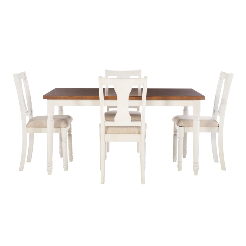 Pemberly Row Farmhouse Five Piece Dining Set in Vanilla White and Honey Brown