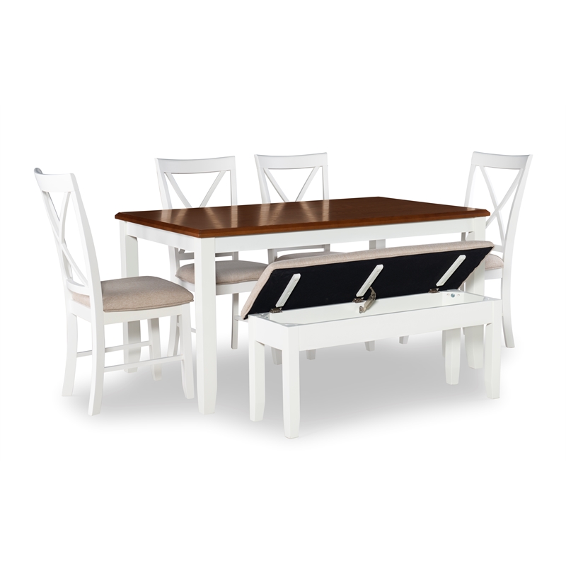 Pemberly Row Transitional Wood Six Piece Dining Set in Vanilla White and Brown