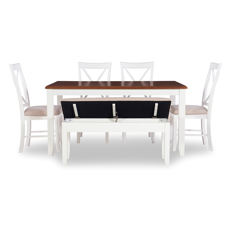 Pemberly Row Transitional Wood Six Piece Dining Set in Vanilla White and Brown