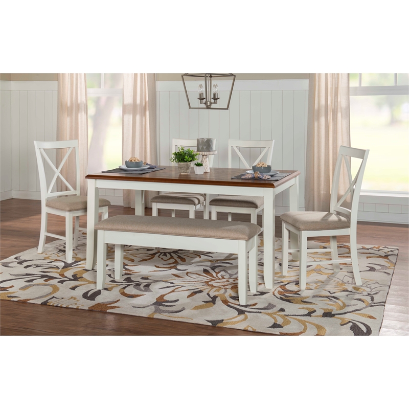Pemberly Row Transitional Wood Six Piece Dining Set in Vanilla White and Brown