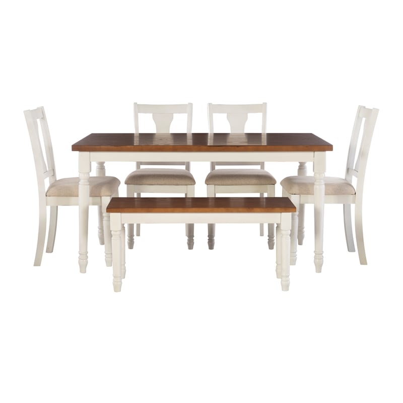 Pemberly Row Transitional Wood Six Piece Dining Set in Vanilla White and Brown