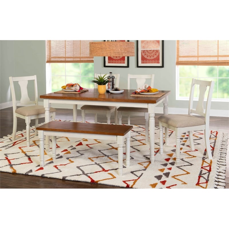 Pemberly Row Transitional Wood Six Piece Dining Set in Vanilla White and Brown