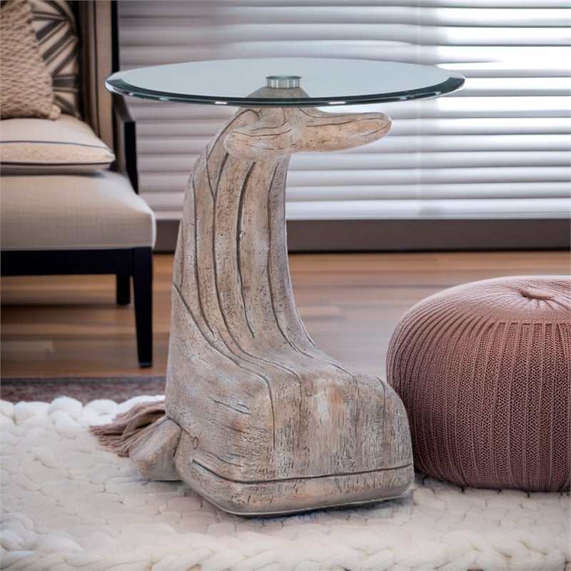 Pemberly Row Sculptured Coastal Resin Table with Glass Top in Driftwood