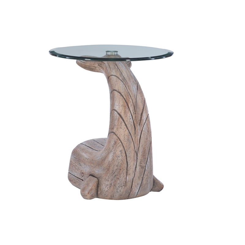Pemberly Row Sculptured Coastal Resin Table with Glass Top in Driftwood