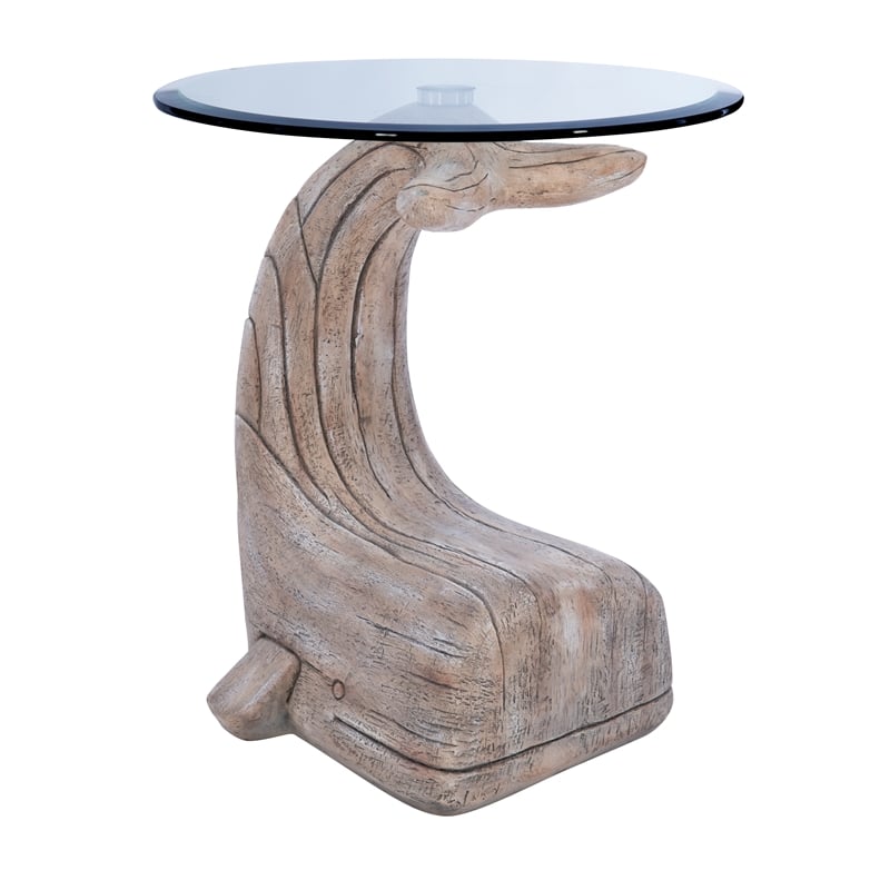 Pemberly Row Sculptured Coastal Resin Table with Glass Top in Driftwood