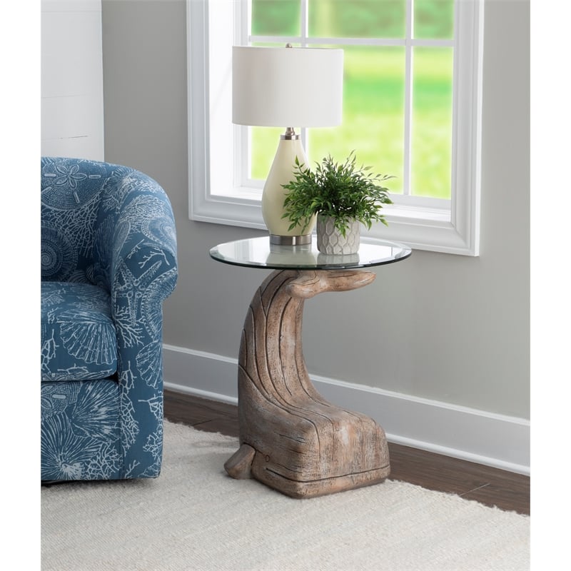 Pemberly Row Sculptured Coastal Resin Table with Glass Top in Driftwood