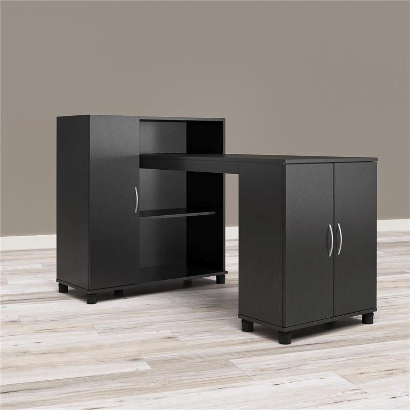 Pemberly Row Transitional Wood Hobby and Craft Desk w/ Storage Cabinet in Black