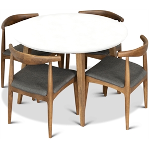 Pemberly Row 5-Piece Mid-Century Dining Set White Round Table and Gray Chairs