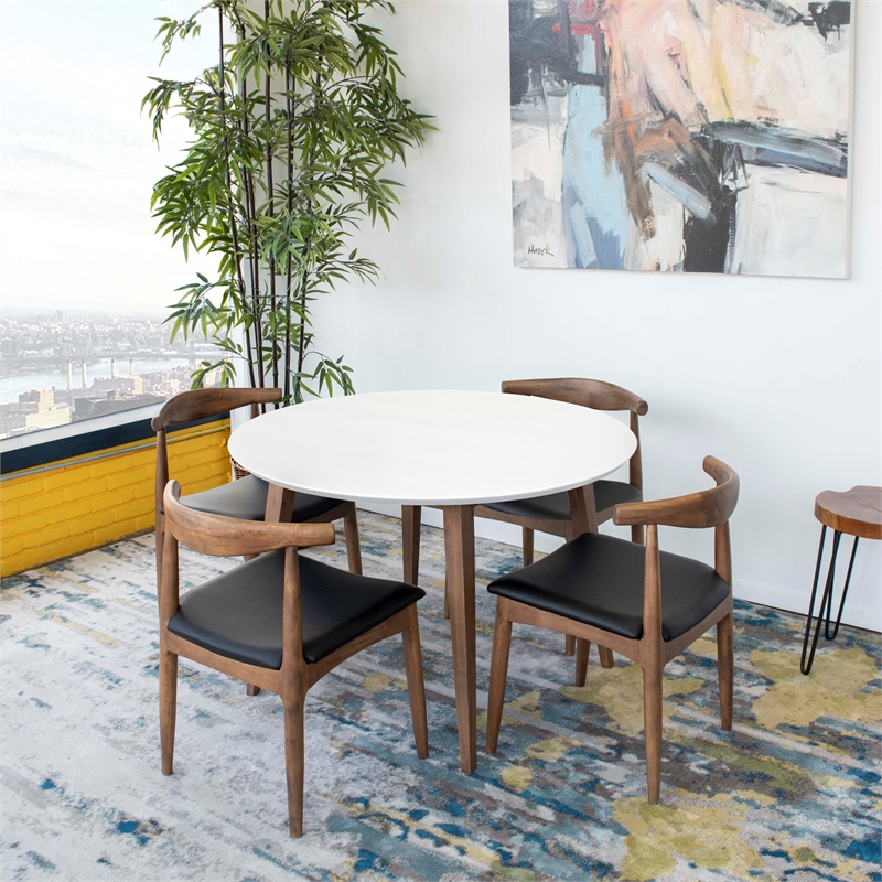 Pemberly Row 5-Piece Mid-Century Dining Set Round White Table and Black Chairs