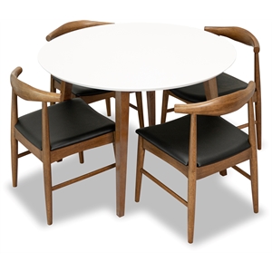 Pemberly Row 5-Piece Mid-Century Dining Set Round White Table and Black Chairs