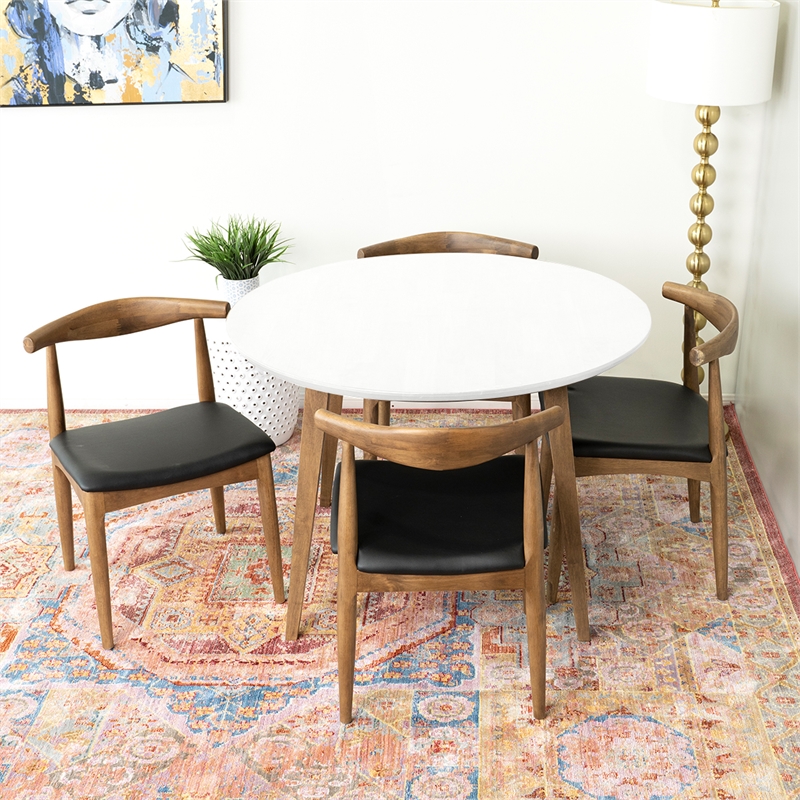 Pemberly Row 5-Piece Mid-Century Dining Set Round White Table and Black Chairs