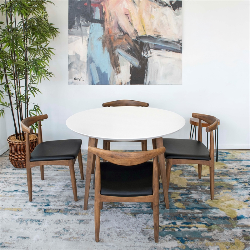 Pemberly Row 5-Piece Mid-Century Dining Set Round White Table and Black Chairs