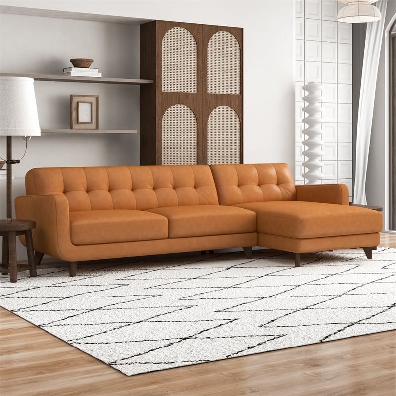 Pemberly Row L-Shape Tight Back Leather Upholstery Right-Facing Sectional in Tan