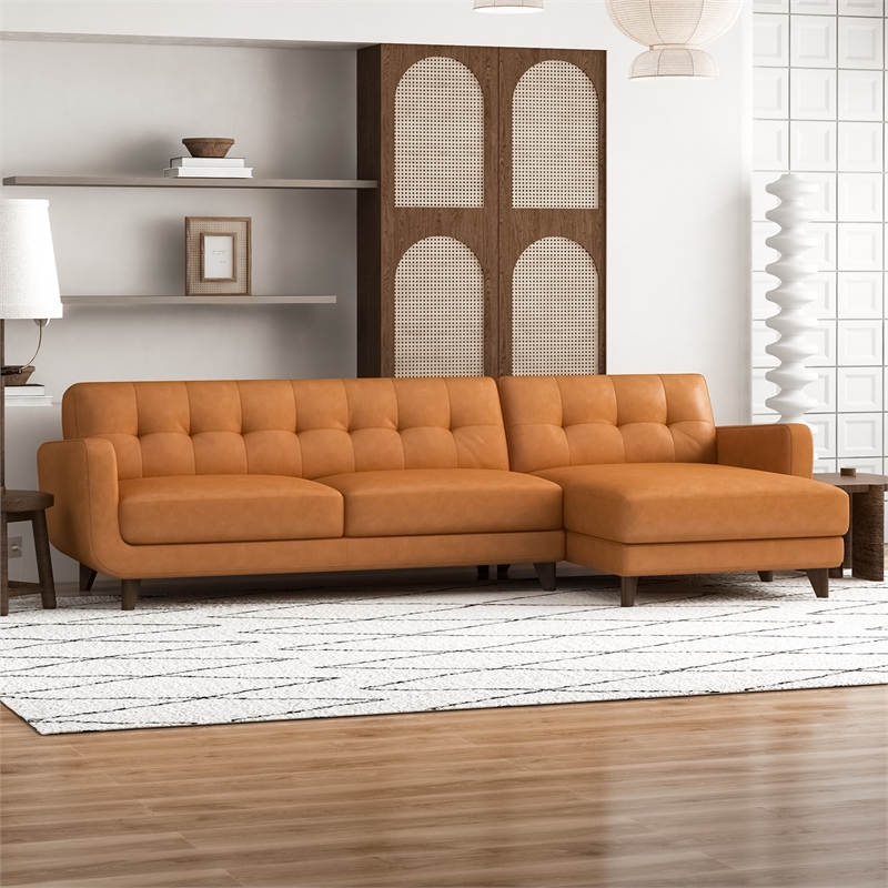Pemberly Row L-Shape Tight Back Leather Upholstery Right-Facing Sectional in Tan