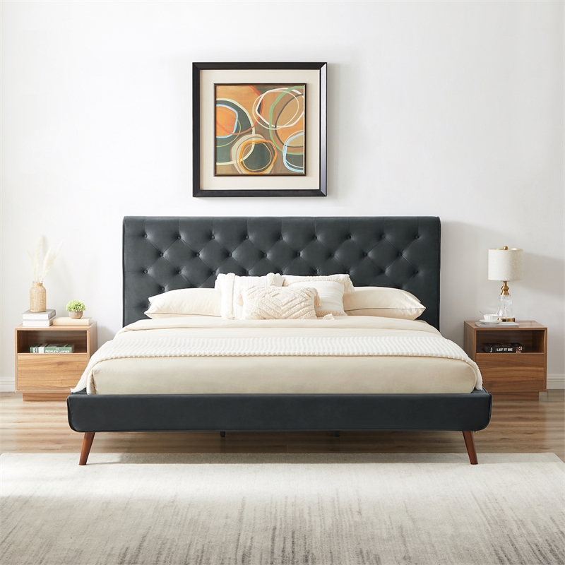 Pemberly Row Mid-Century Velvet Upholstered Platform Bed King Size in Grey