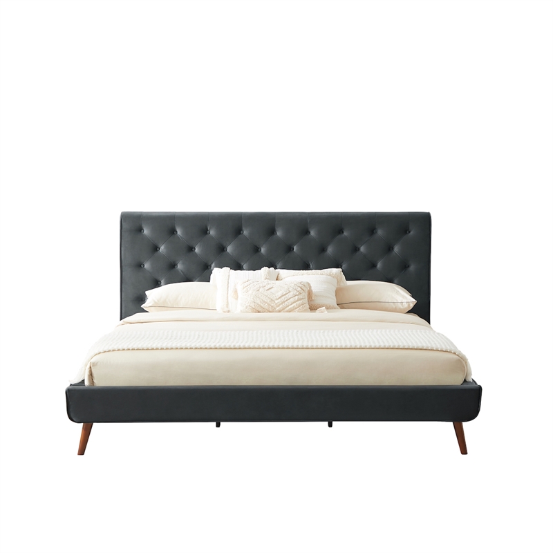 Pemberly Row Mid-Century Velvet Upholstered Platform Bed King Size in Grey