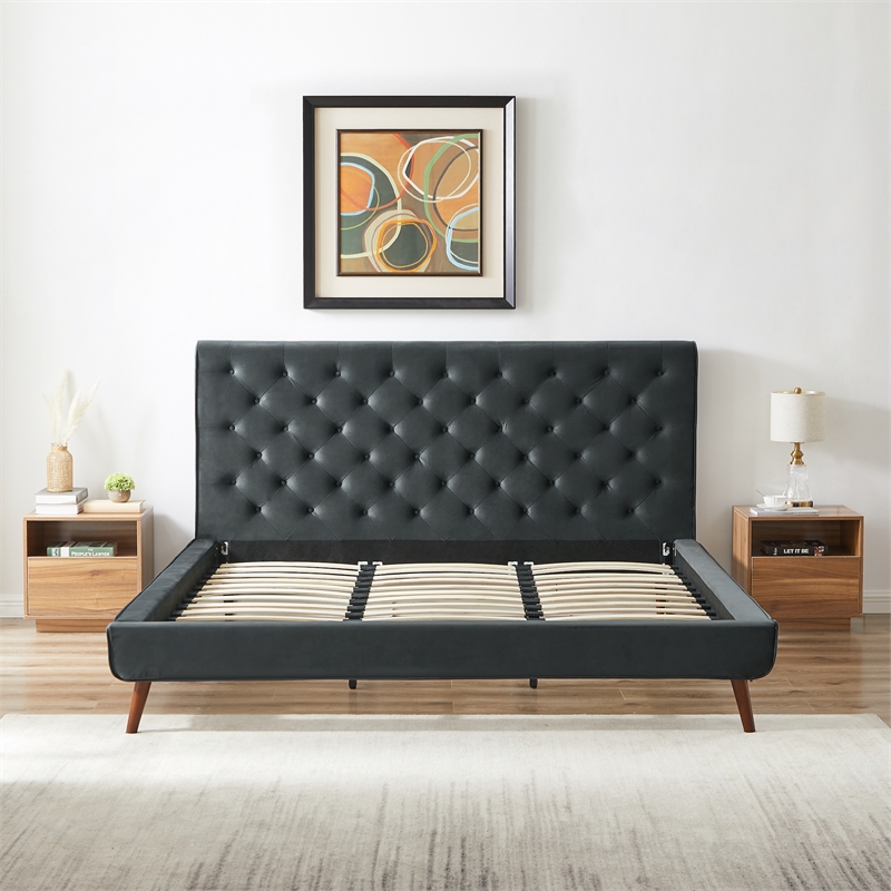 Pemberly Row Mid-Century Velvet Upholstered Platform Bed King Size in Grey