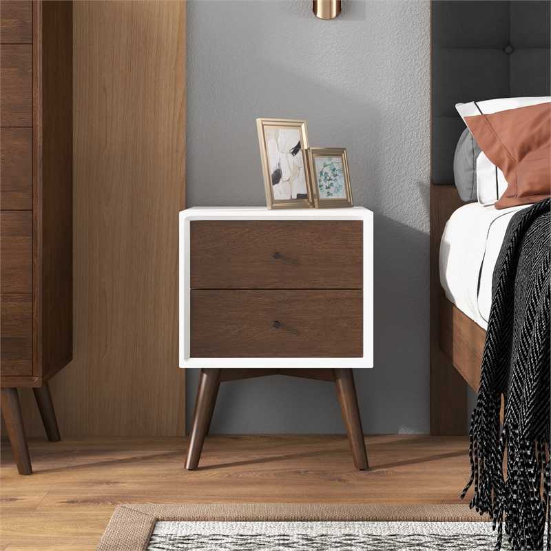 Pemberly Row Solid Wood Frame 2-Drawers Bedroom Nightstand in White/Walnut